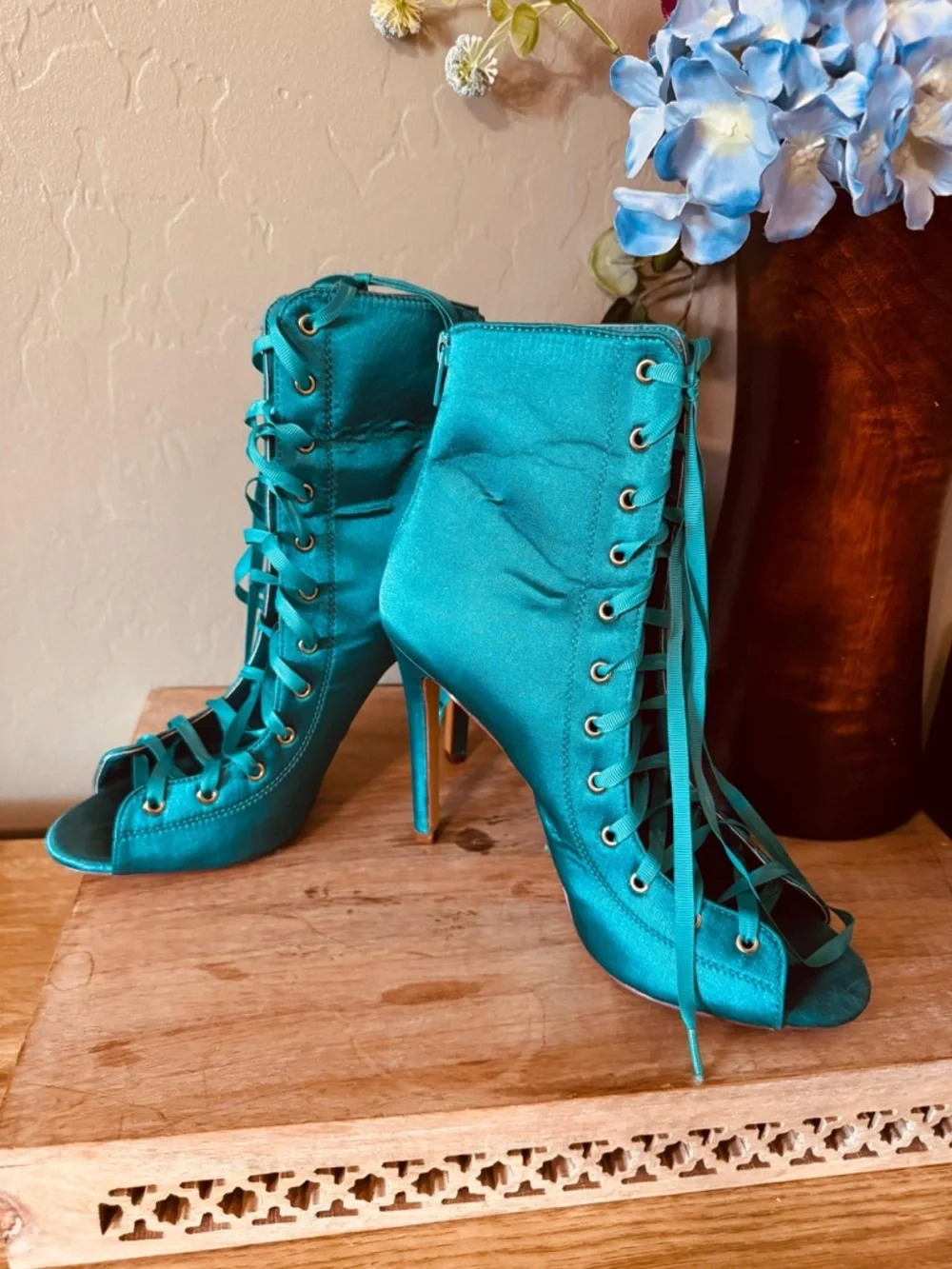 Teal Satin Lace-Up Heeled Booties Open Toe Size 9 Statement